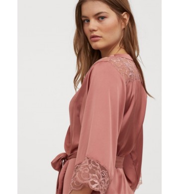 Hnm Pink Satin Lace Kimono Robe Women